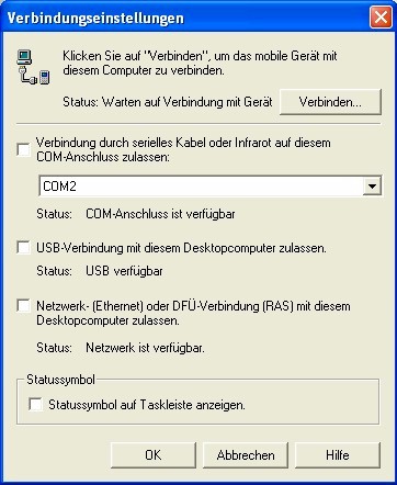 Alle ausgewählten Einstellungen entfernen damit, ActiveSync weder einen der seriellen COM-Anschlüsse, noch einen der USB-Anschlüsse blockieren kann.