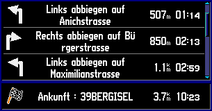 Anzeige der Aktive Routenseite mit Etappenzeiten = Anzeige der noch verbleibenden Zeit bis zum erreichen des Ziels