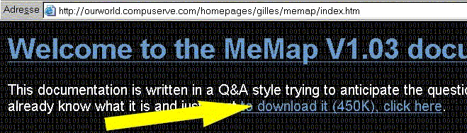 MeMap Internetseite, der rote Pfeil zeigt auf den link welcher den download von memap startet